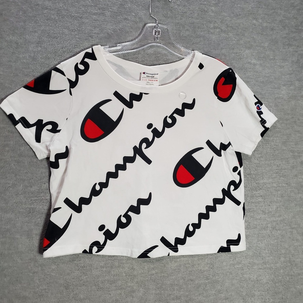 Champion Heritage Women Top M White Cropped T-Shirt All Over Print Short Sleeve
